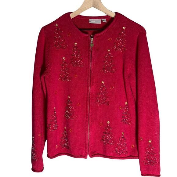 Vintage Croft & Barrow Red Cardigan Sweater with Beaded Christmas Trees - Size S - Picture 1 of 10